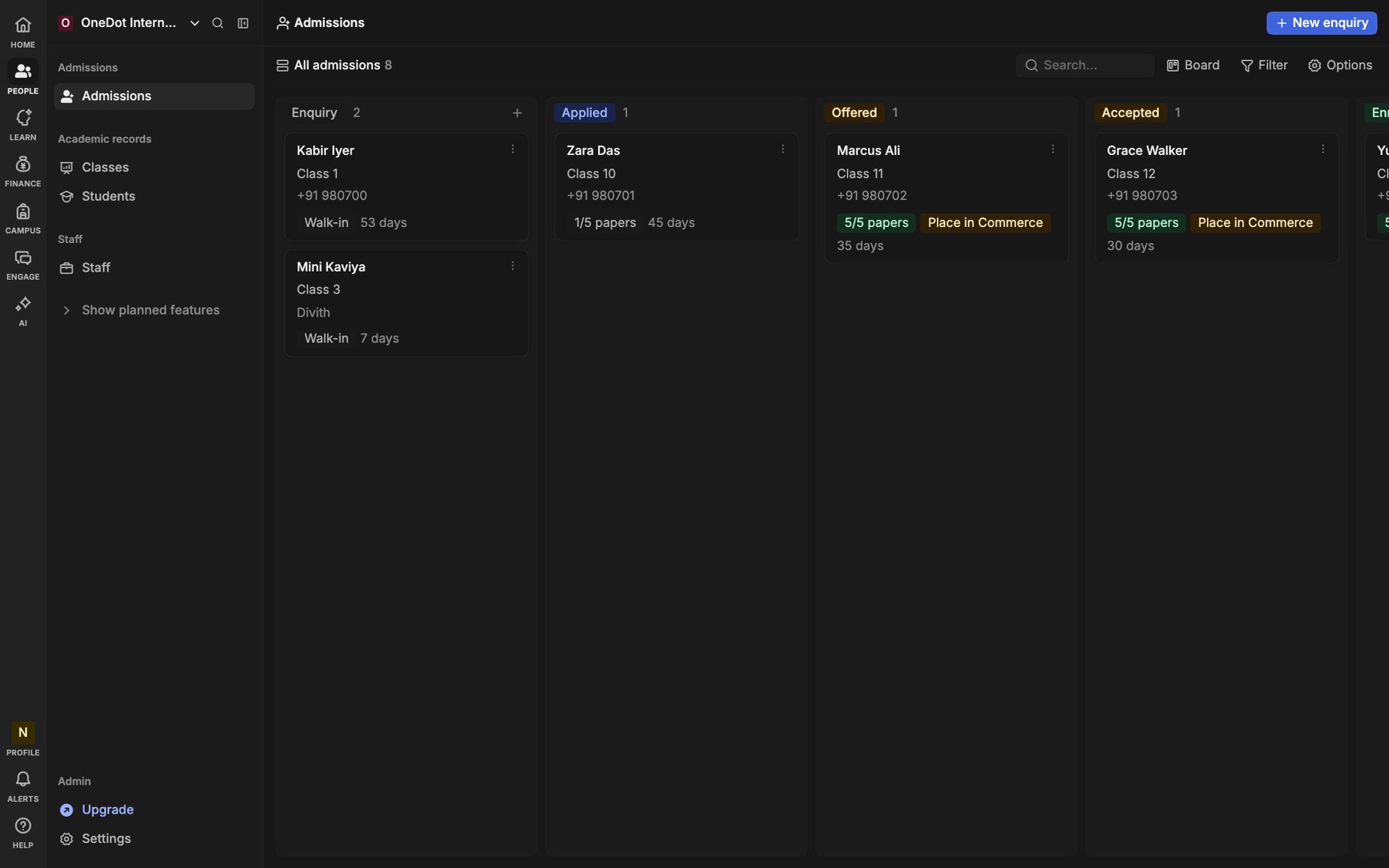 The Heidi admissions board in the dark theme