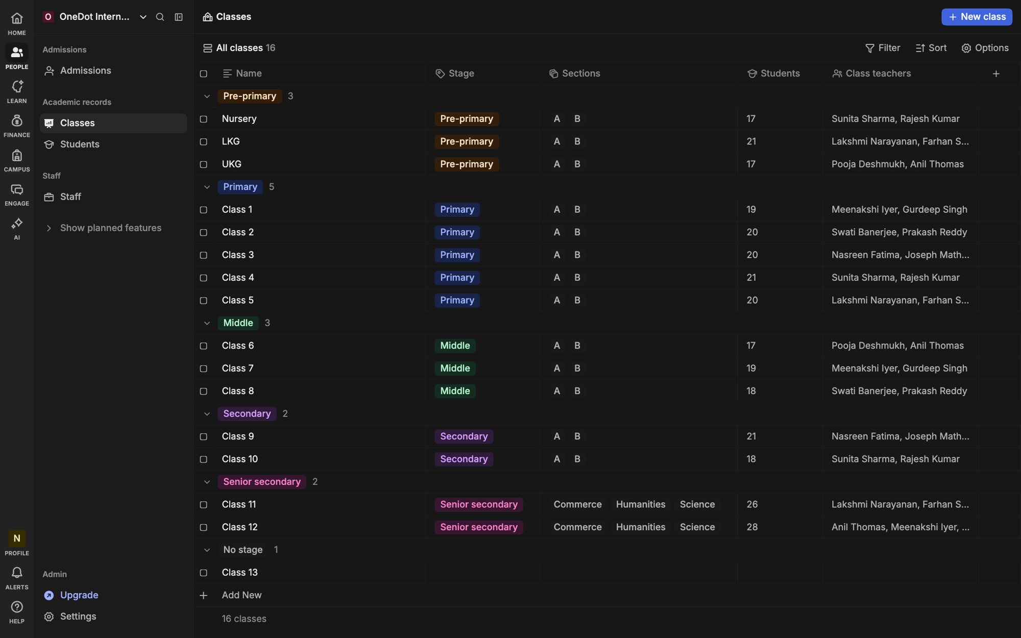 The Heidi classes list in the dark theme