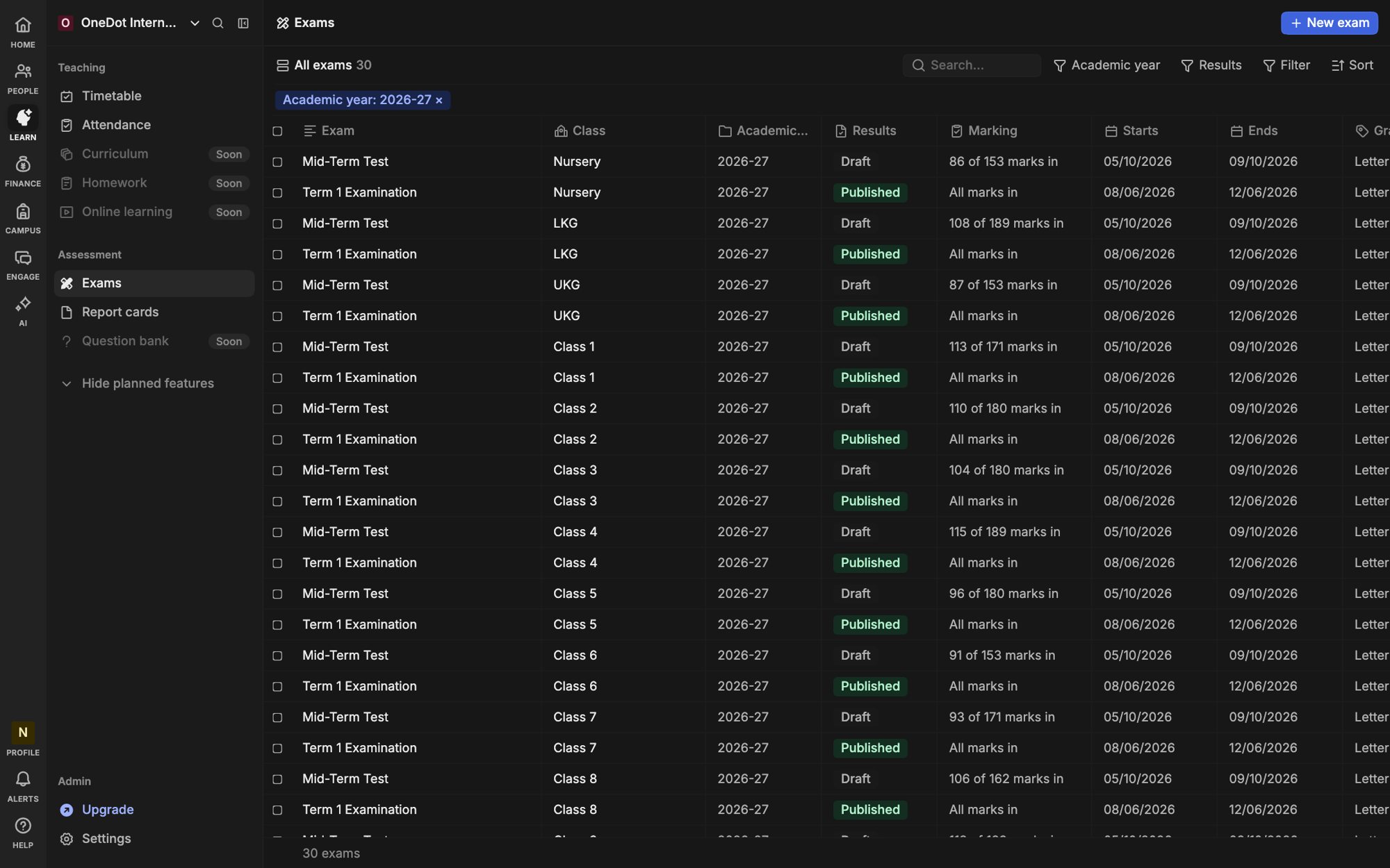 The Heidi exams list in the dark theme