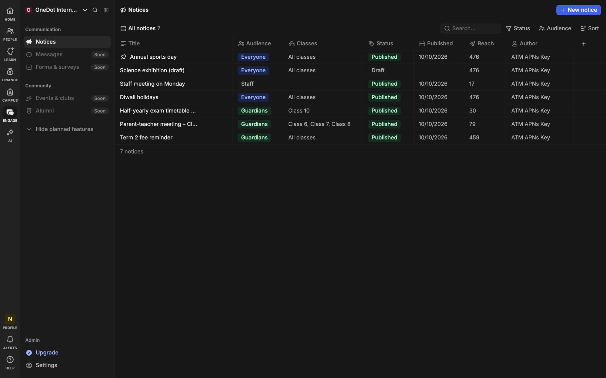 The Heidi notices list in the dark theme