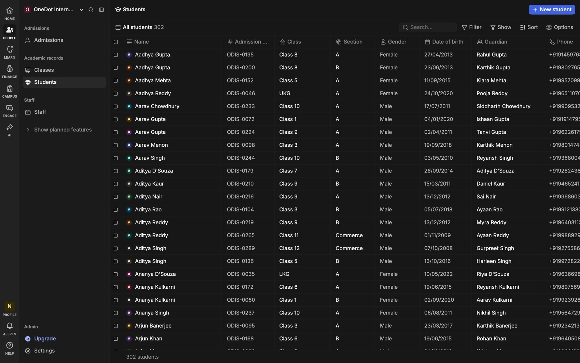 The Heidi students list in the dark theme